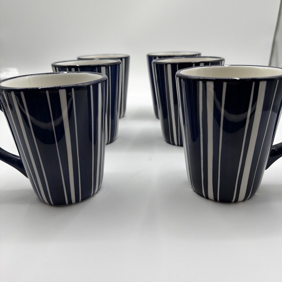 DANSK Mugs, Set Of 6, Cobalt Blue/White Stripe Hand painted, Kayla Blue, 12 oz - Picture 3 of 5